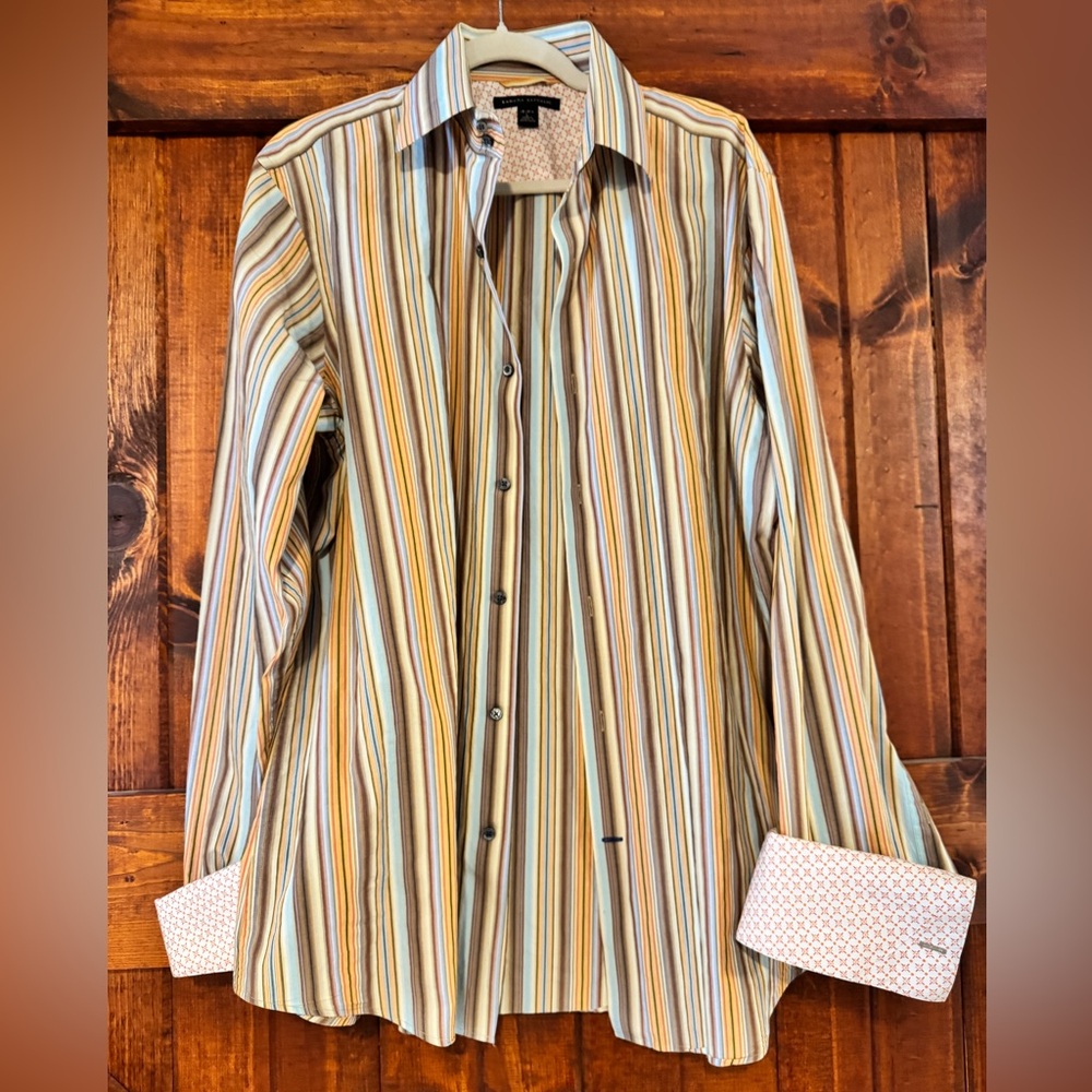 BANANA REPUBLIC MULTI STRIPED COTTON DRESS SHIRT SZ L 16-16.5 FRENCH CUFFS